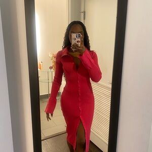 Chic Long Sleeve Button-Down Dress in Vibrant Pink